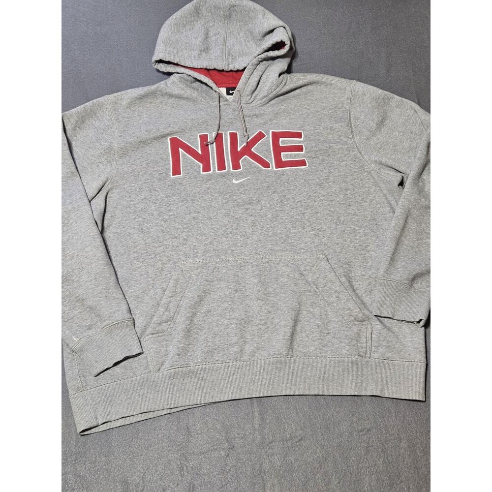 Nike Sweatshirt Mens 2XL Gray Pullover Hoodie Red Logo Fleece Athletic W/Pockets